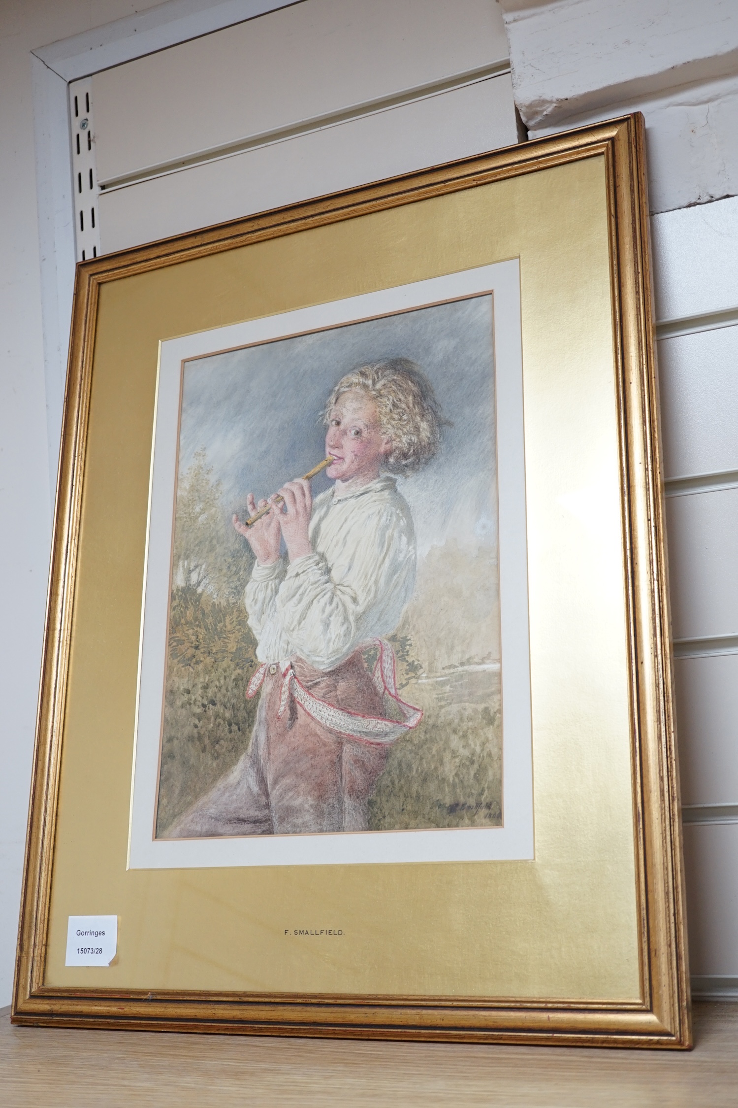 Frederick Smallfield ARWS (1829-1915), watercolour, Study of a peasant boy playing a flute, signed and dated 1860, 34 x 24cm. Condition - fair